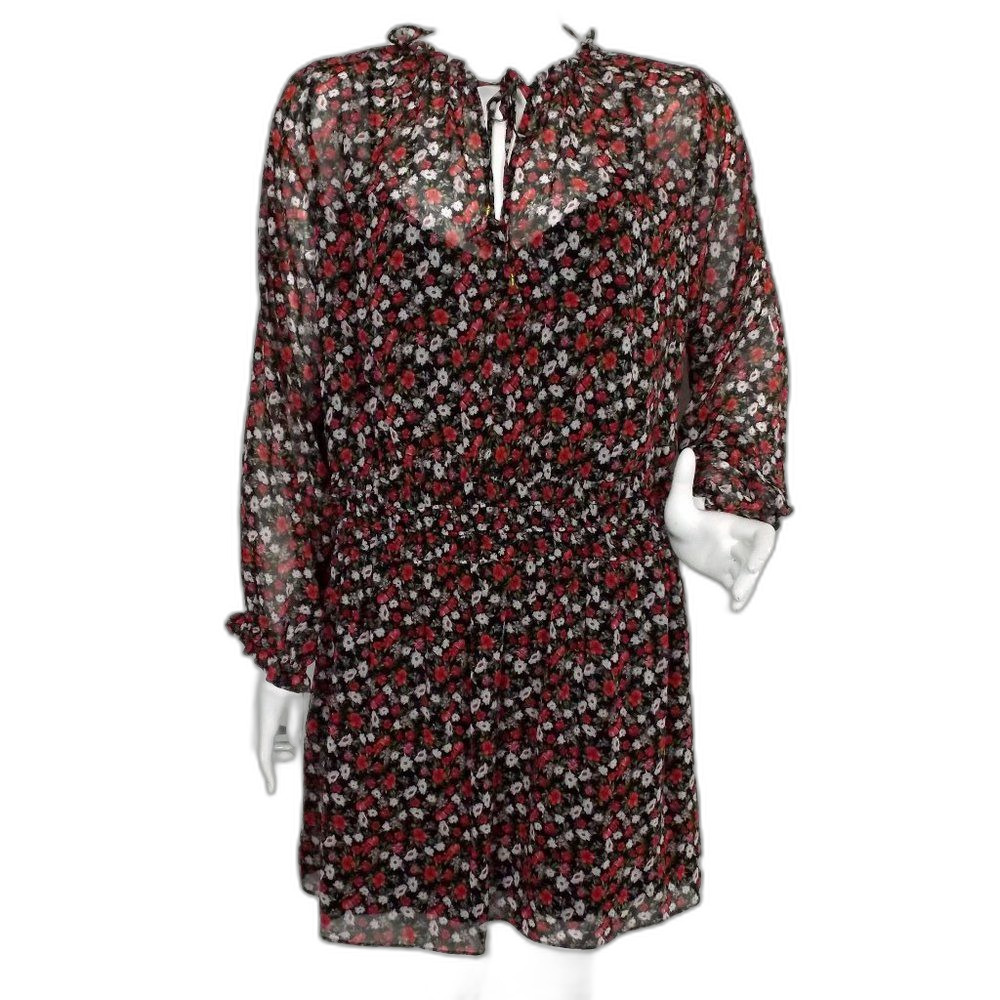 new SOCIALITE Dress, XL, Black/Red Floral, Smocked Waist, Long sleeves, Tie neck